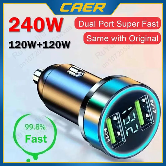 240W Fast Car Charger – Dual USB Quick Charge + LED Display